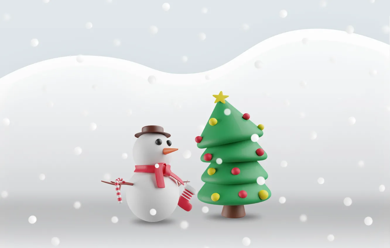 Photo wallpaper winter, balls, snow, rendering, new year, scarf, Christmas, the snow
