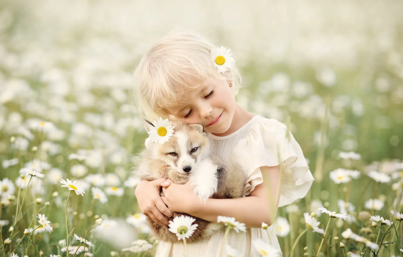 Photo wallpaper field, flowers, nature, children, pose, smile, chamomile, blonde