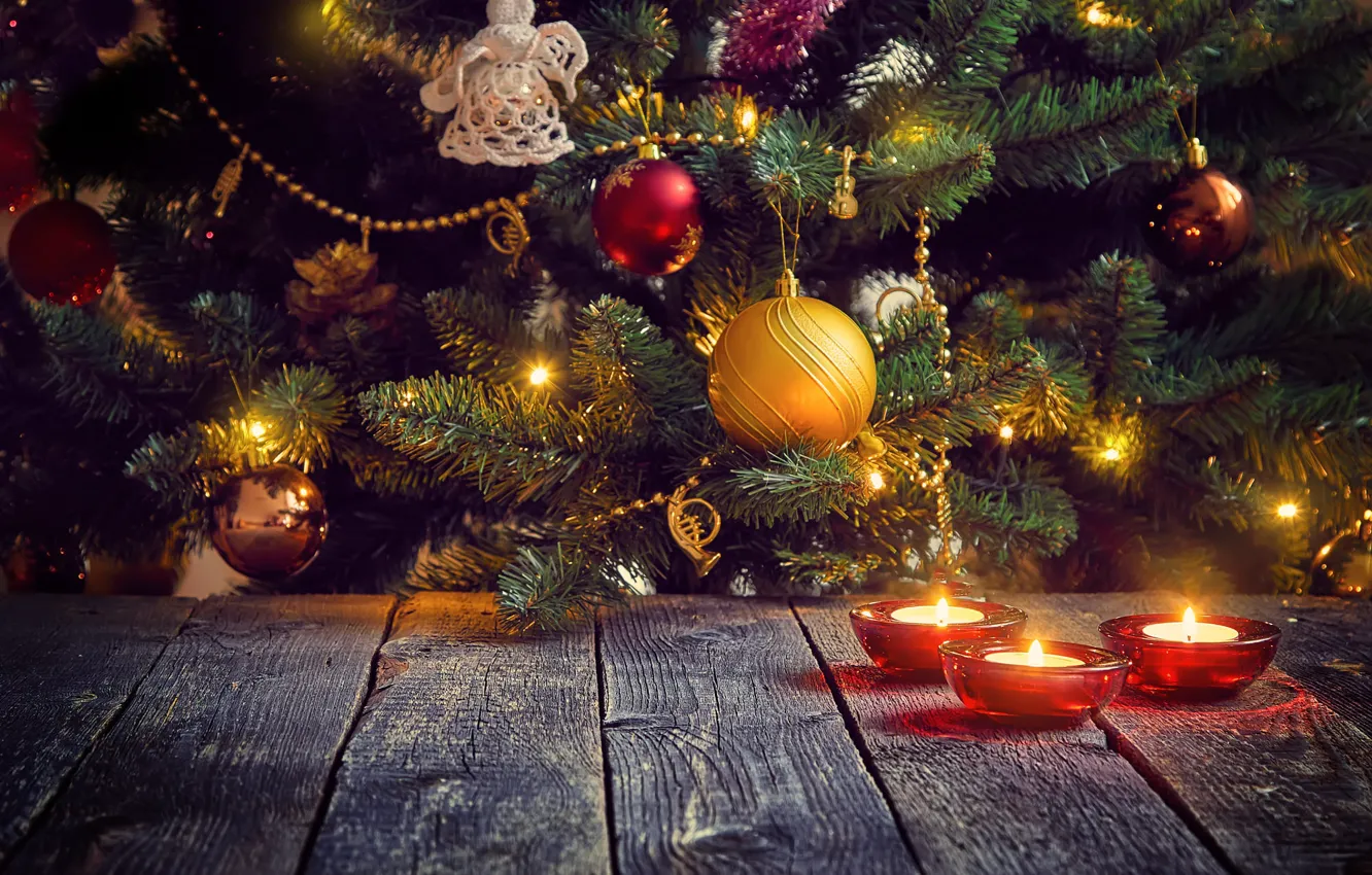 Photo wallpaper holiday, Board, Christmas, New year, tree, needles, Christmas decorations, Christmas decorations
