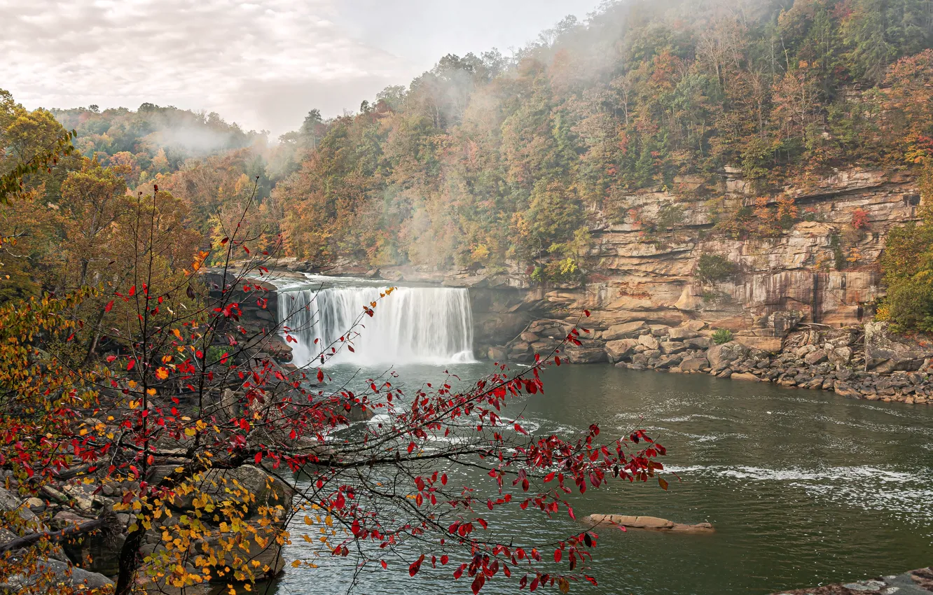 Photo wallpaper autumn, river, waterfall