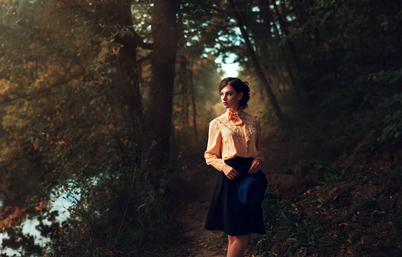 Photo wallpaper forest, sweetheart, skirt, portrait, hat, brunette, hairstyle, track