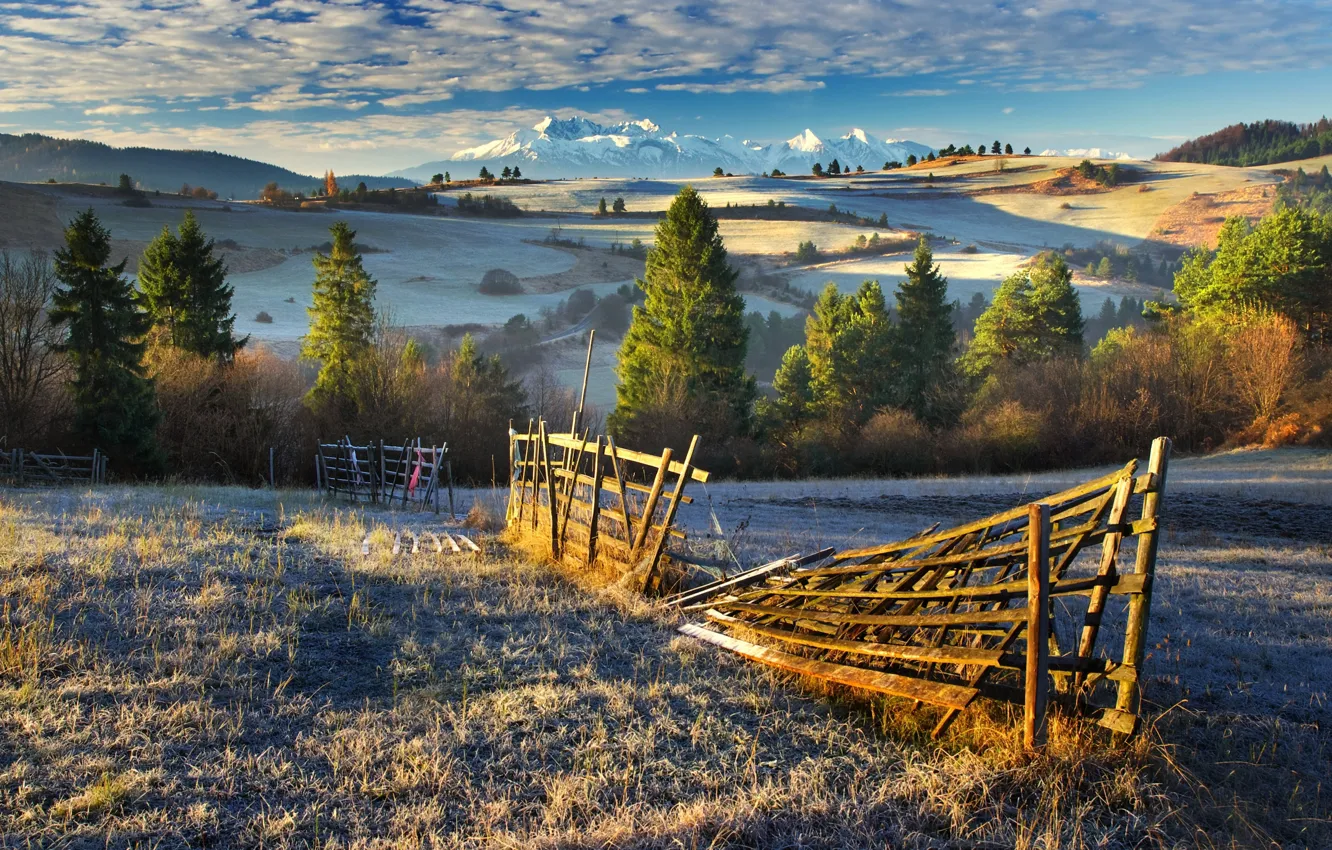 Photo wallpaper frost, mountains, view, beauty, fence, Sunny morning