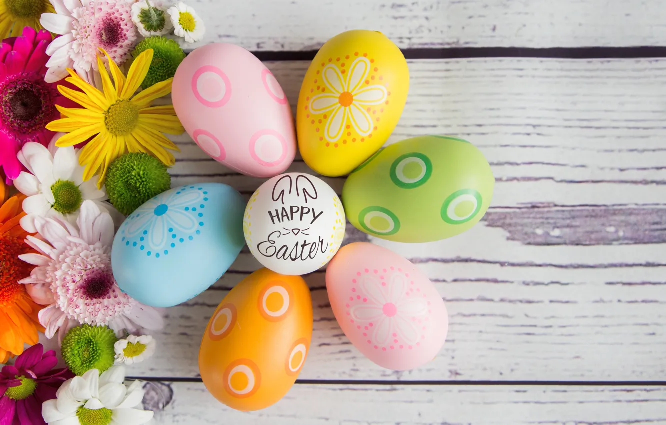 Photo wallpaper flowers, eggs, spring, colorful, Easter, happy, flowers, spring