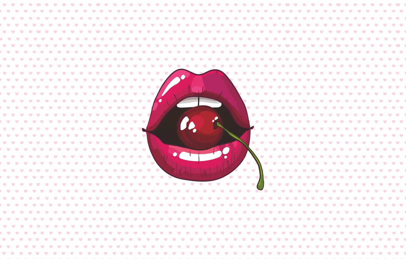 Photo wallpaper cherry, figure, graphics, teeth, lips, hearts, red, lips