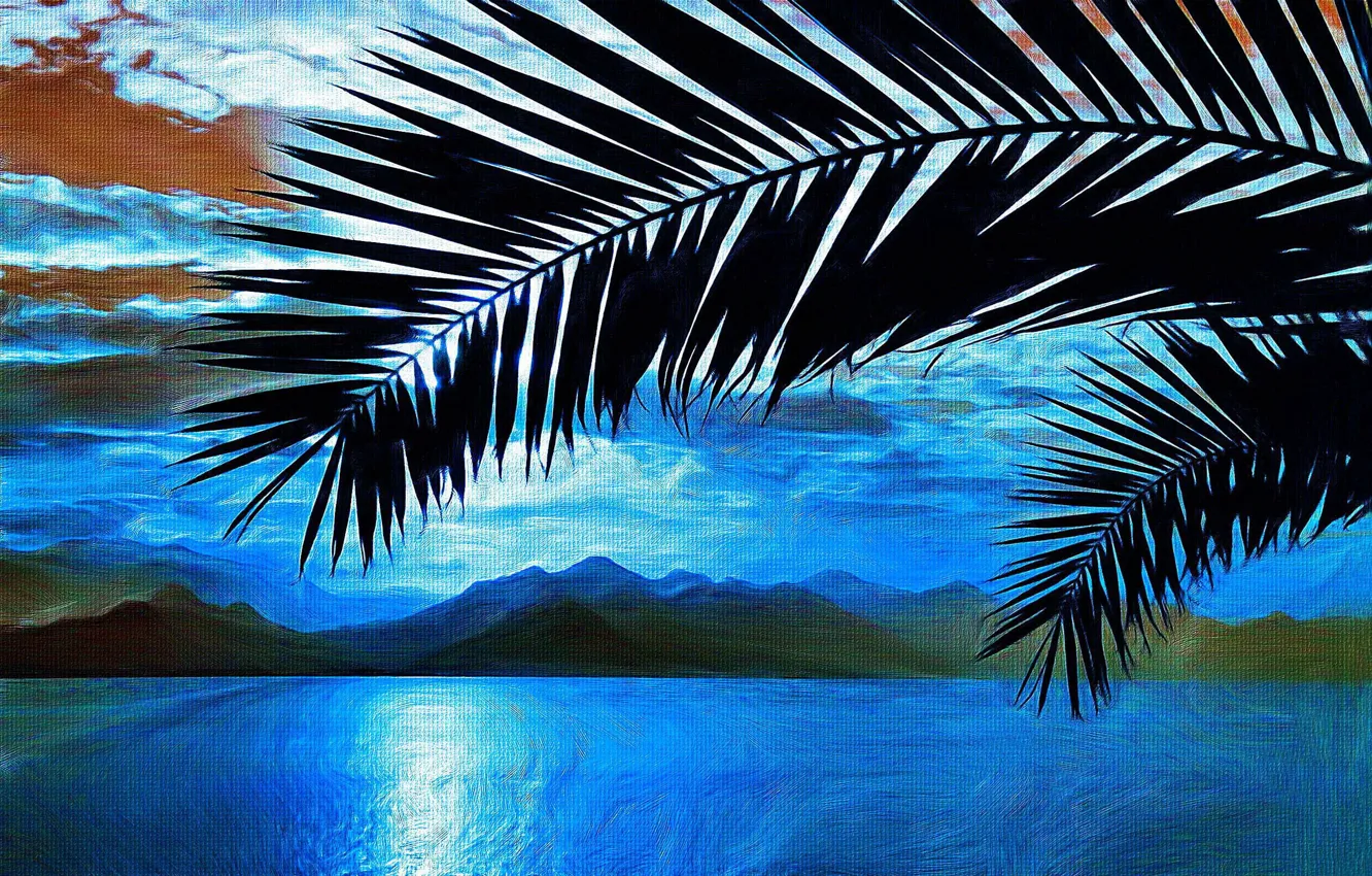 Photo wallpaper sea, palm trees, picture, branch, art, painting, painting, mountains.