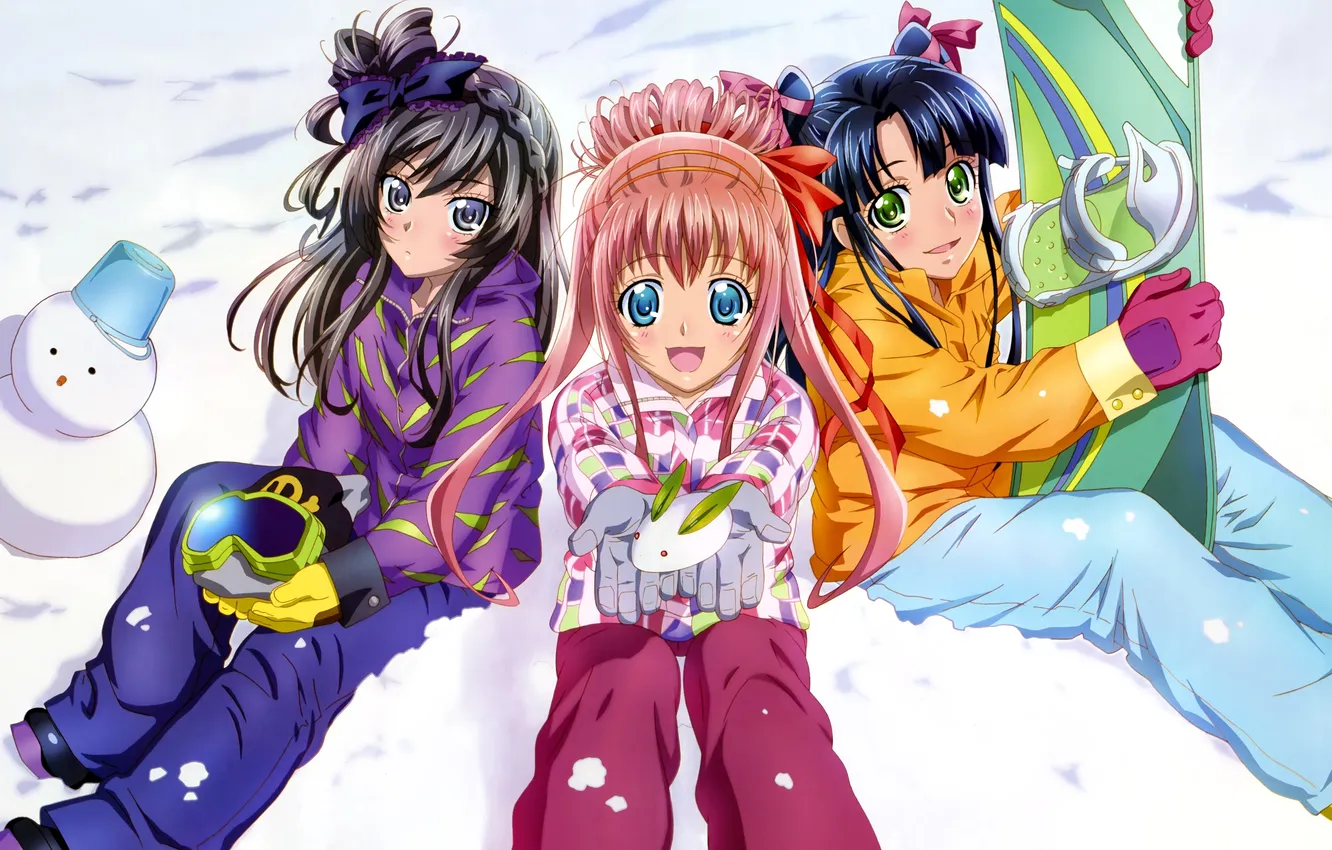 Photo wallpaper winter, girl, snow, snowboard, anime, art, glasses, bucket