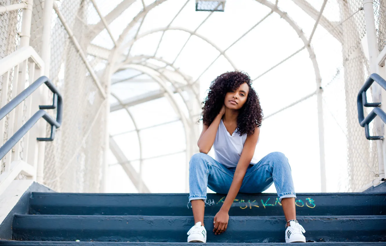 Photo wallpaper girl, sitting, curls, black