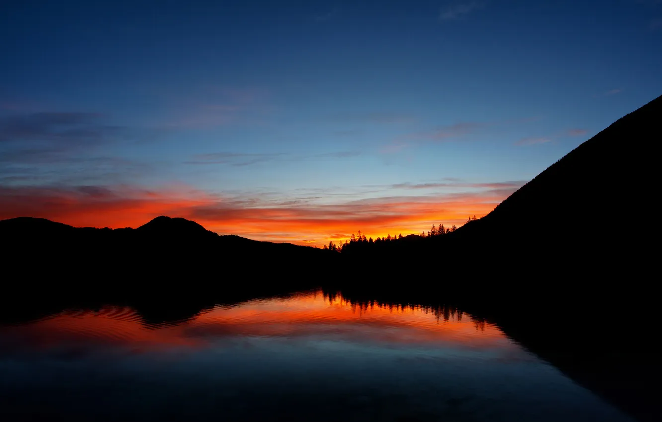 Photo wallpaper forest, sunset, mountains, heaven