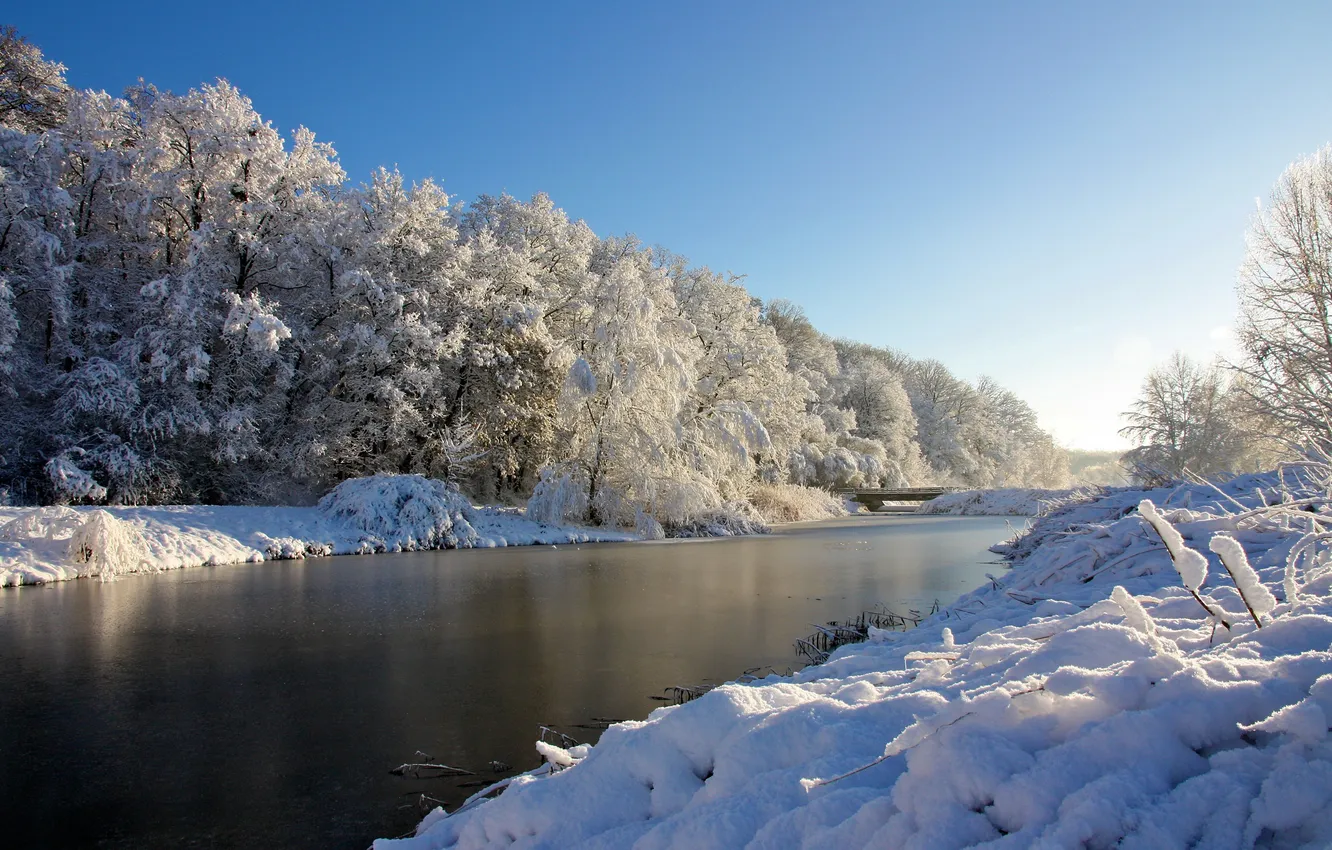 Photo wallpaper snow, trees, river