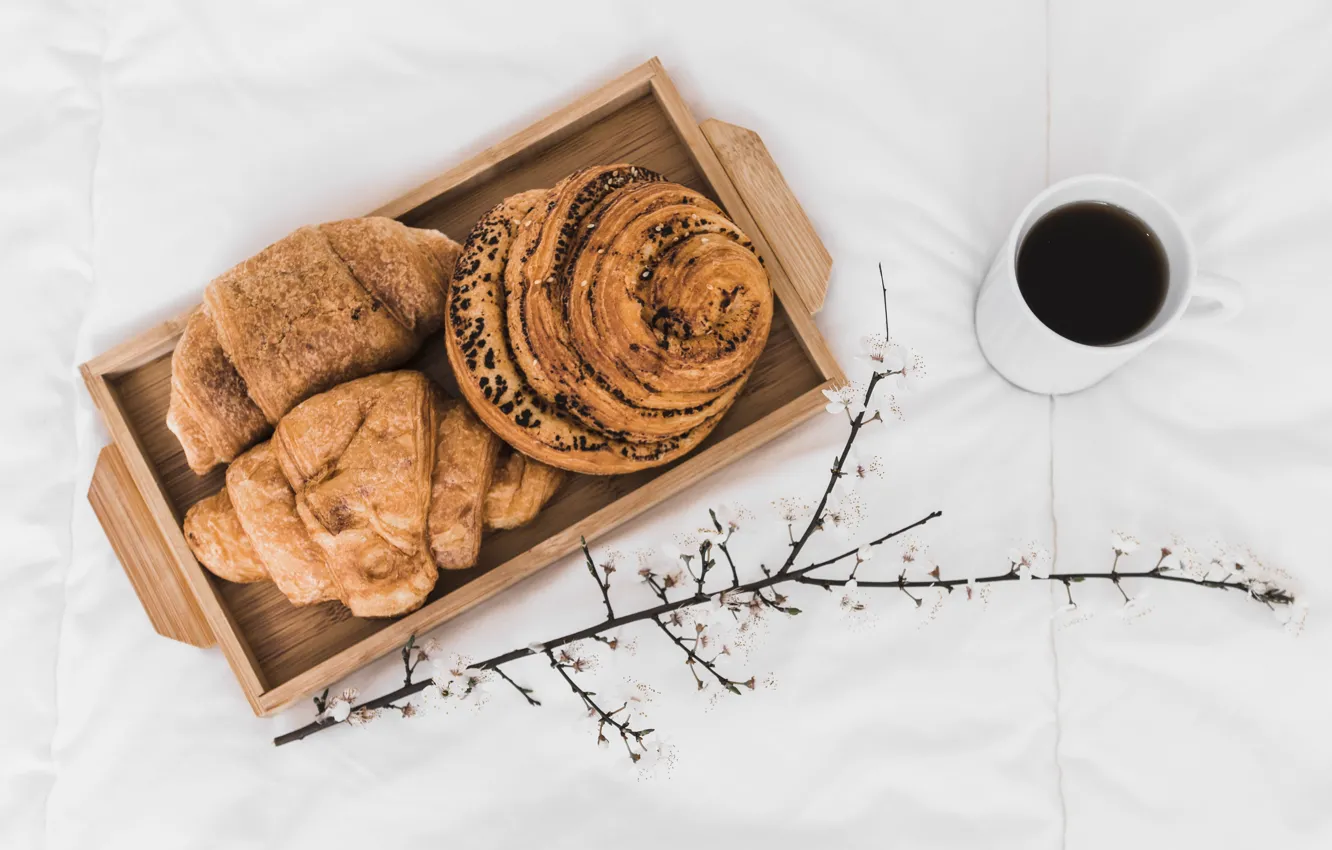 Photo wallpaper flowers, coffee, branches, buns