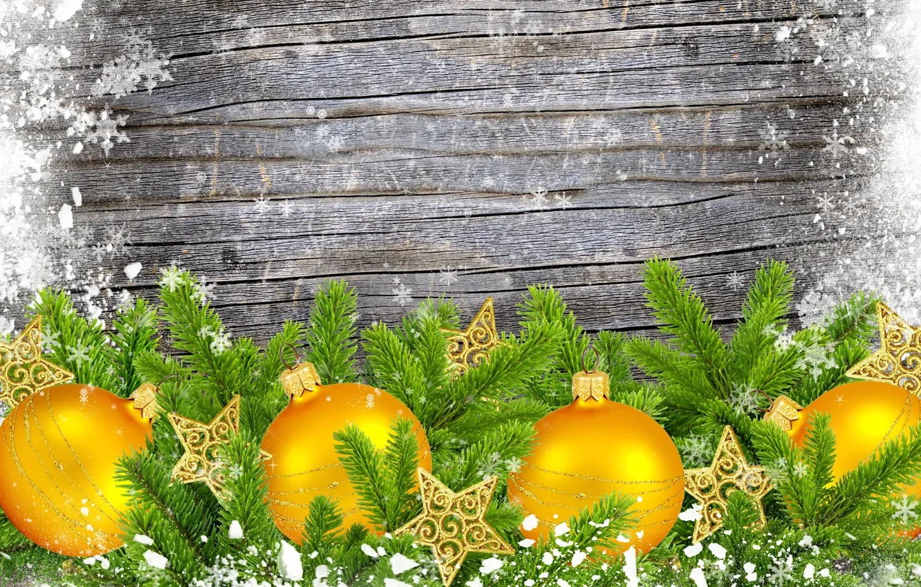 Photo wallpaper snowflakes, branches, balls, tree, stars, Christmas decorations