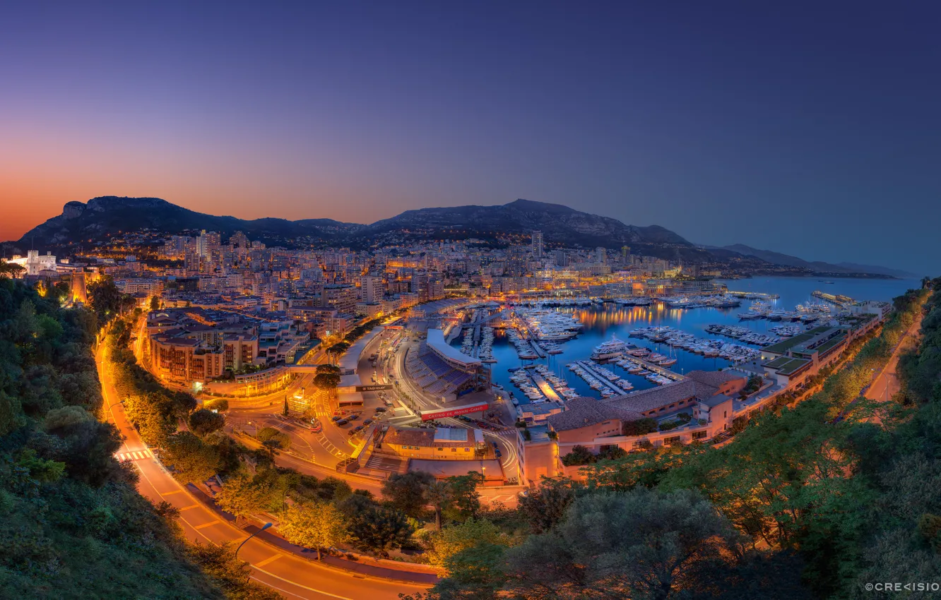 Photo wallpaper mountains, the city, lights, Bay, the evening, Monaco, Monte-Carlo, the Port Hercule
