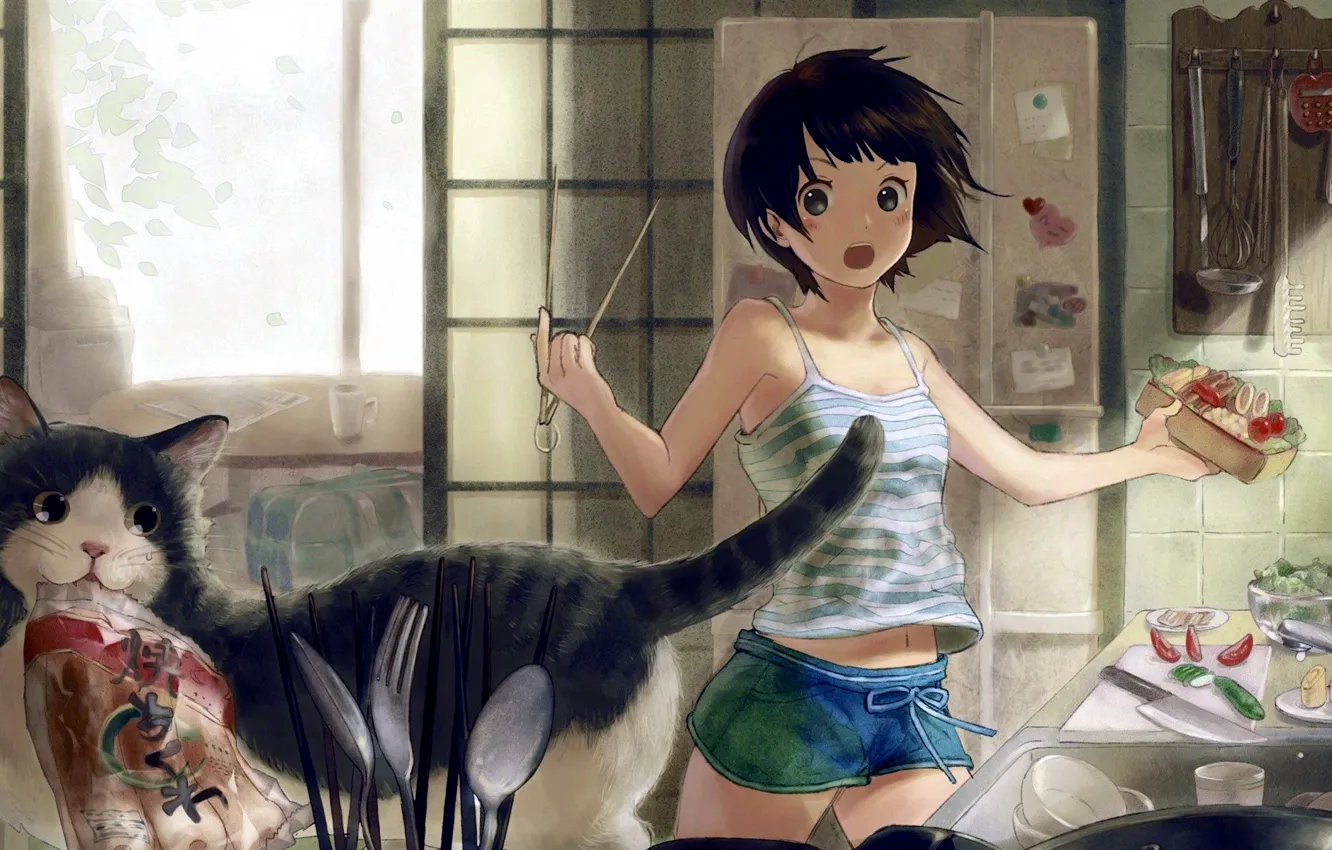 Photo wallpaper Girl, shorts, anime, food, cat, short hair, animal, brunette