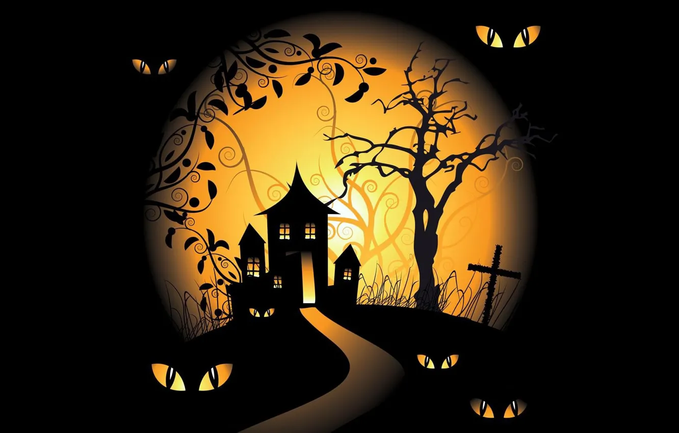 Photo wallpaper vector, Halloween, moon, trees, eyes, holiday, black background, spooky