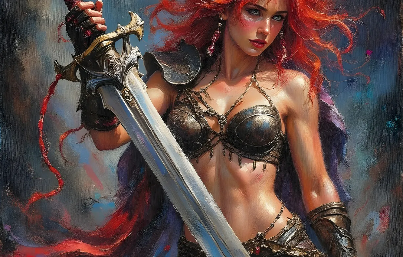 Photo wallpaper girl, pose, sword, figure, fantasy, warrior, redhead, flowing hair