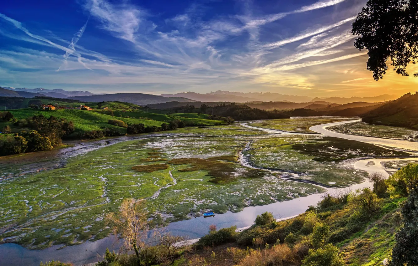 Photo wallpaper sunset, mountains, river, field, Spain, forest, Cantabria
