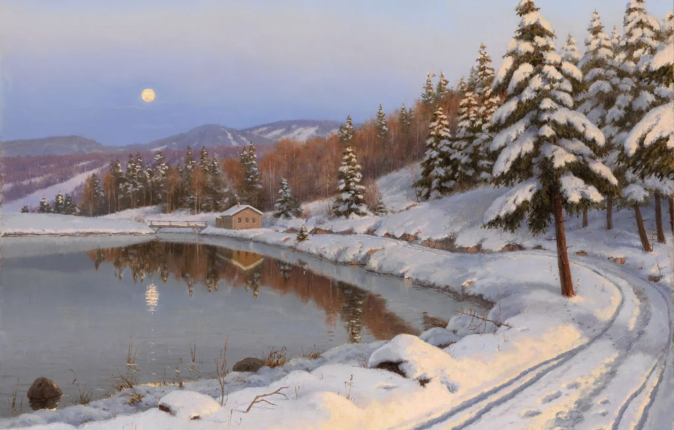 Photo wallpaper winter, road, forest, landscape, mountains, night, lake, the moon