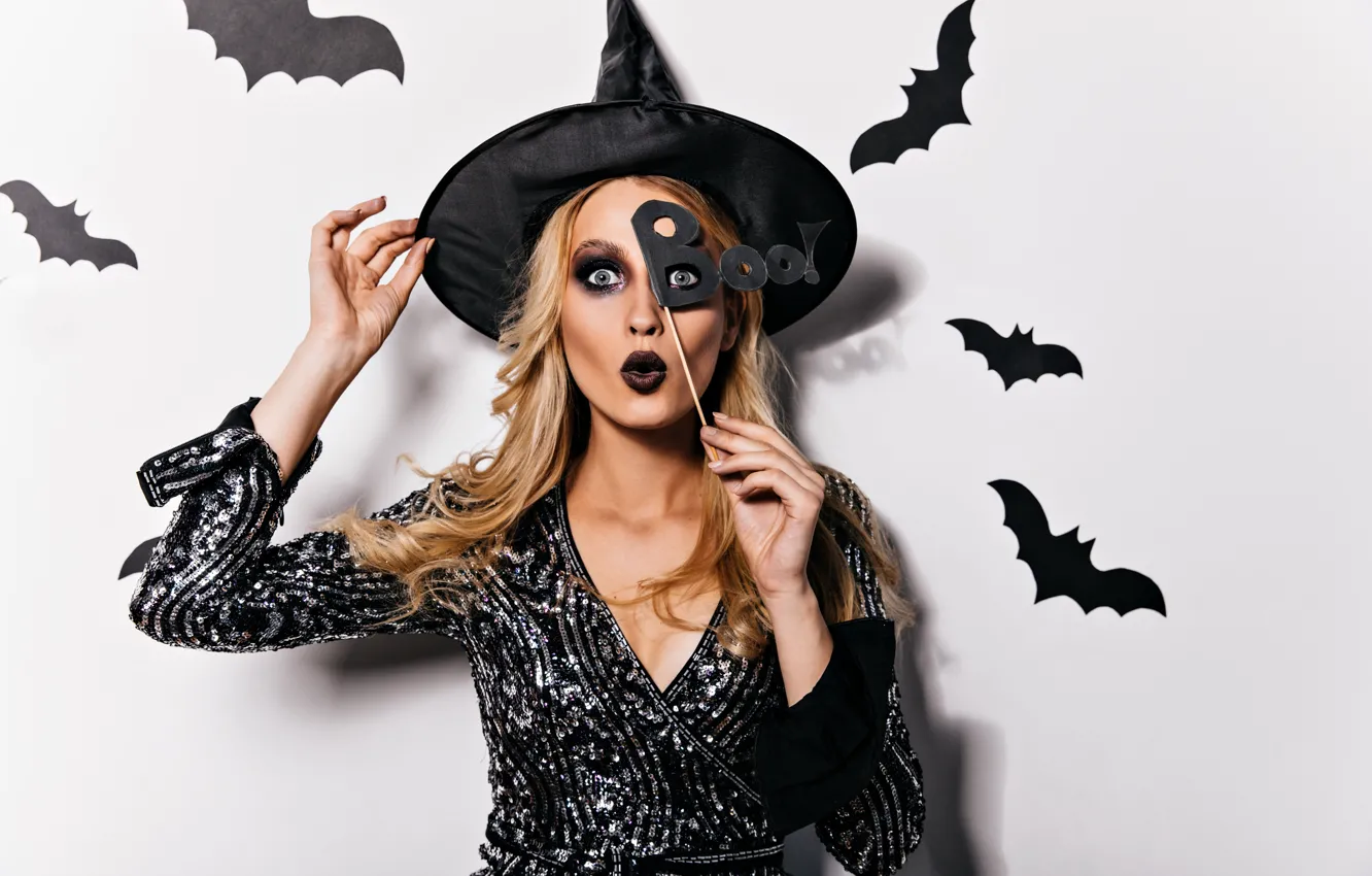 Photo wallpaper Girl, Blonde, Witch, Halloween, Halloween, Hat, Bats