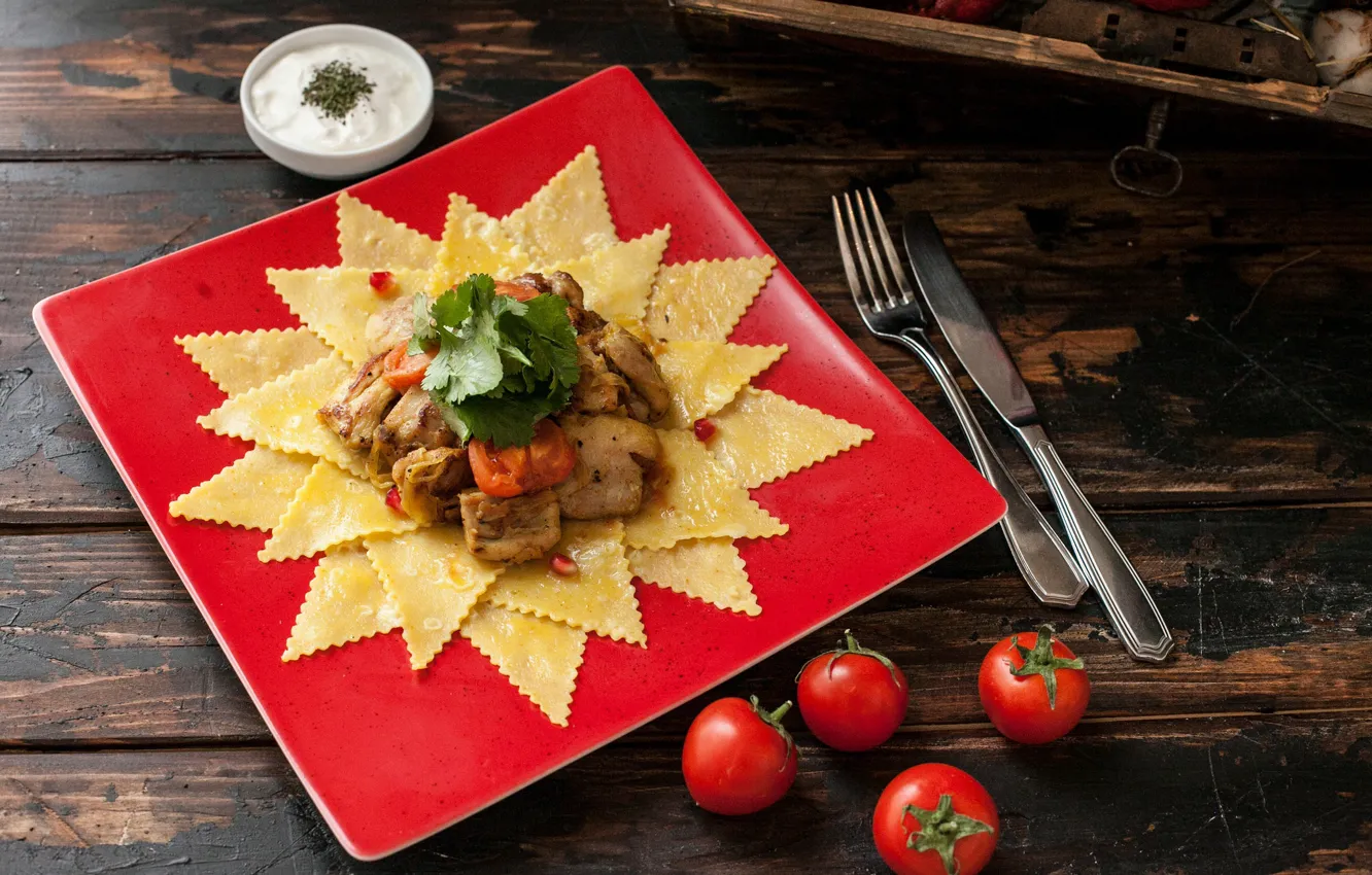 Photo wallpaper meat, tomatoes, pasta
