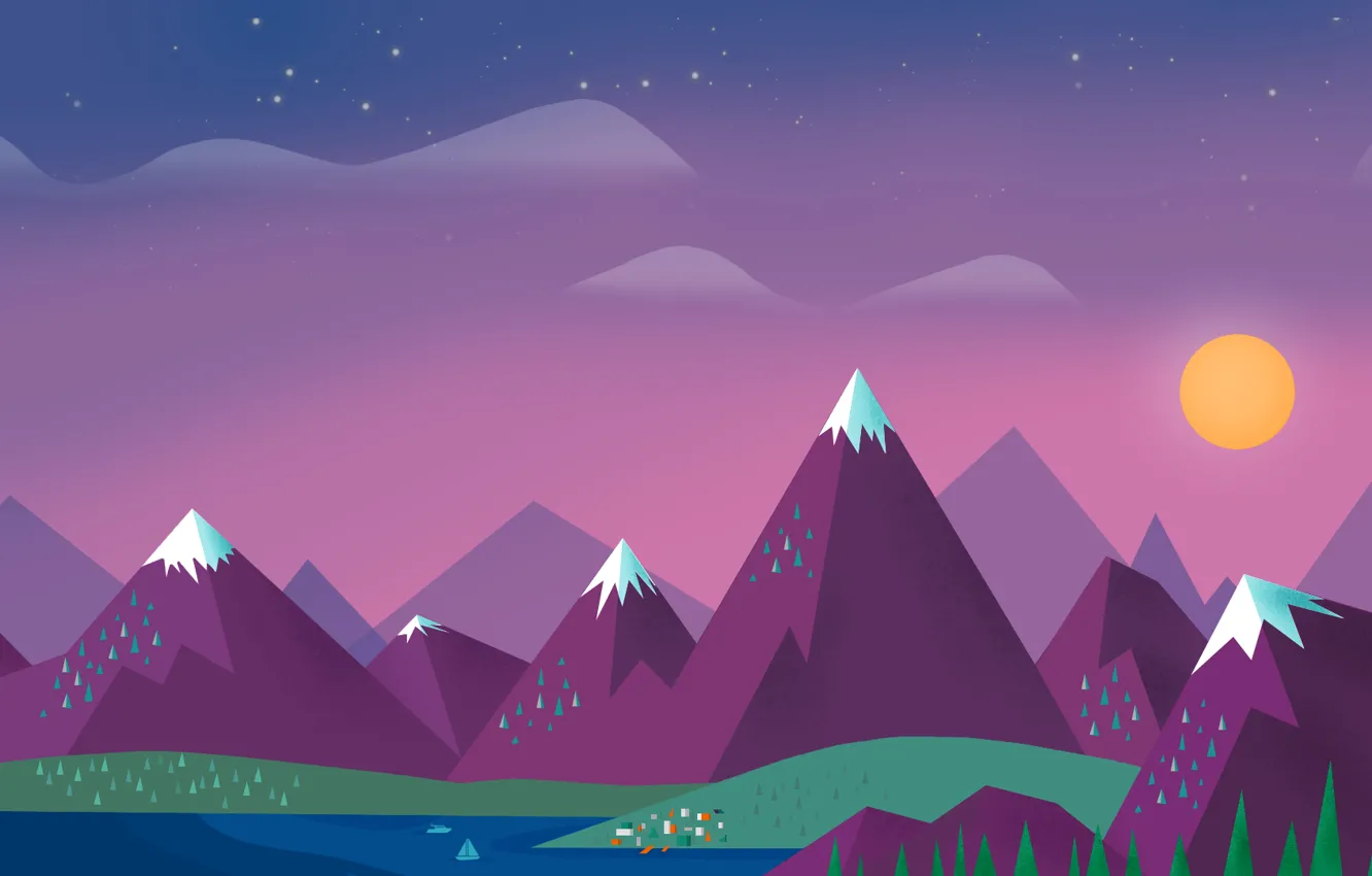 Photo wallpaper the sky, the sun, clouds, landscape, mountains, lake