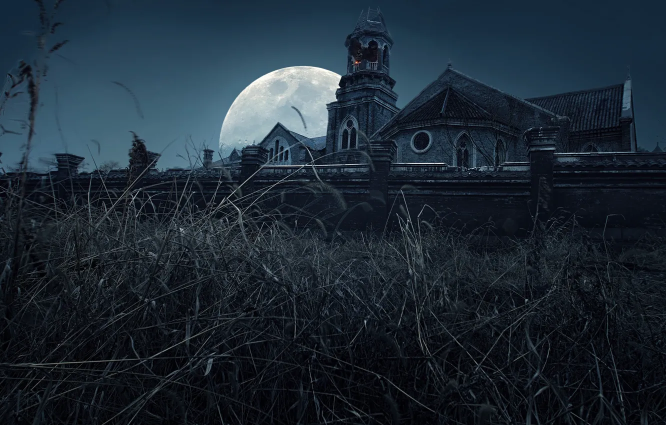 Photo wallpaper night, the monastery, full moon