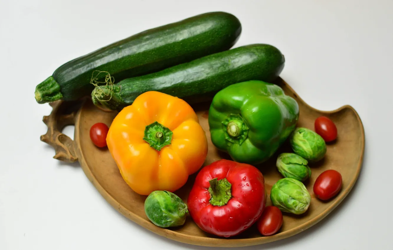 Photo wallpaper background, food, plate, pepper, vegetables, tomatoes, cabbage, bell pepper