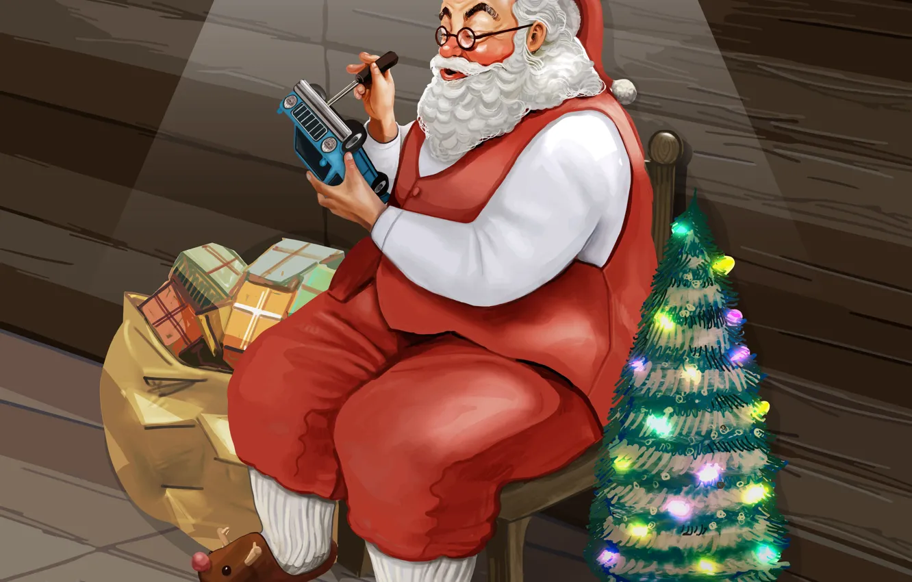 Photo wallpaper holiday, gift, new year, glasses, Christmas, beard, workshop, bag