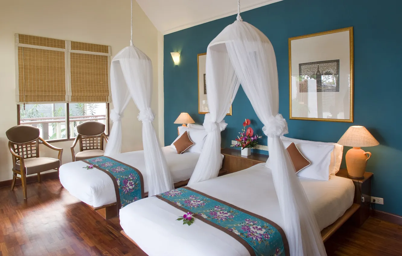 Photo wallpaper flowers, lamp, bed, chair, window, table, vase, bedroom