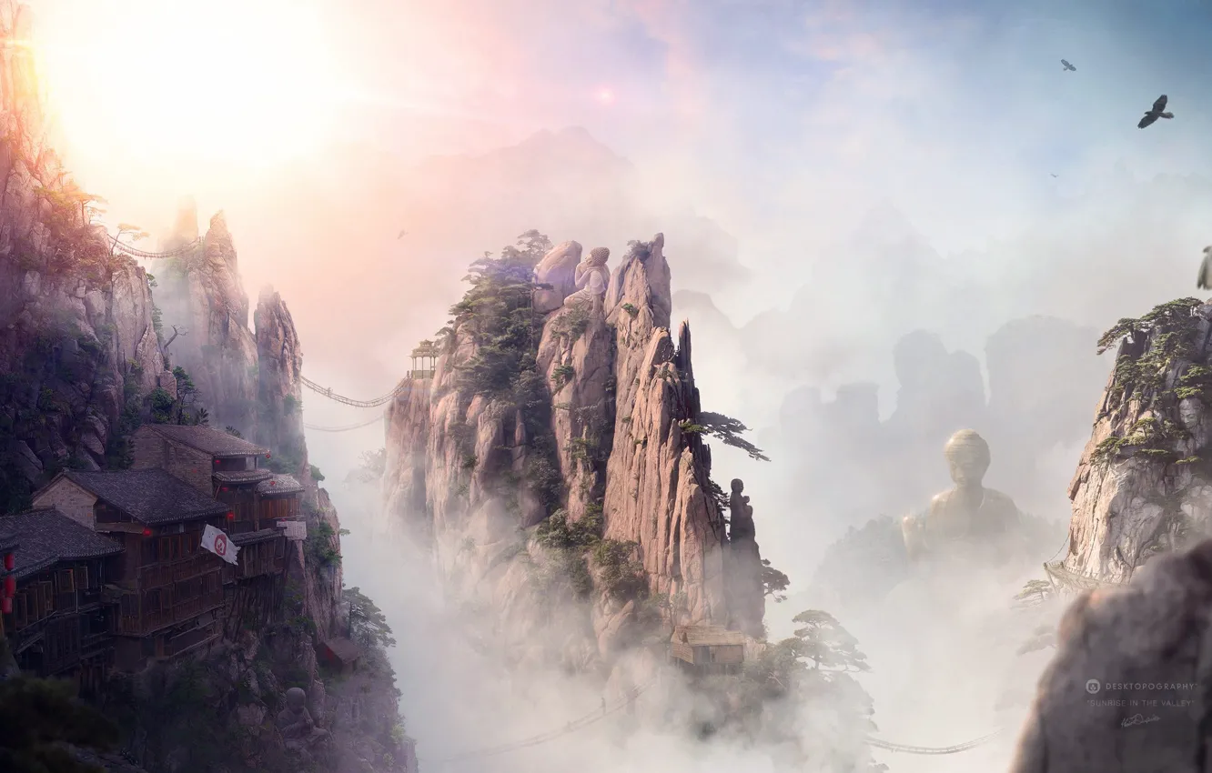 Photo wallpaper the sky, clouds, trees, mountains, bridge, rocks, bird, home