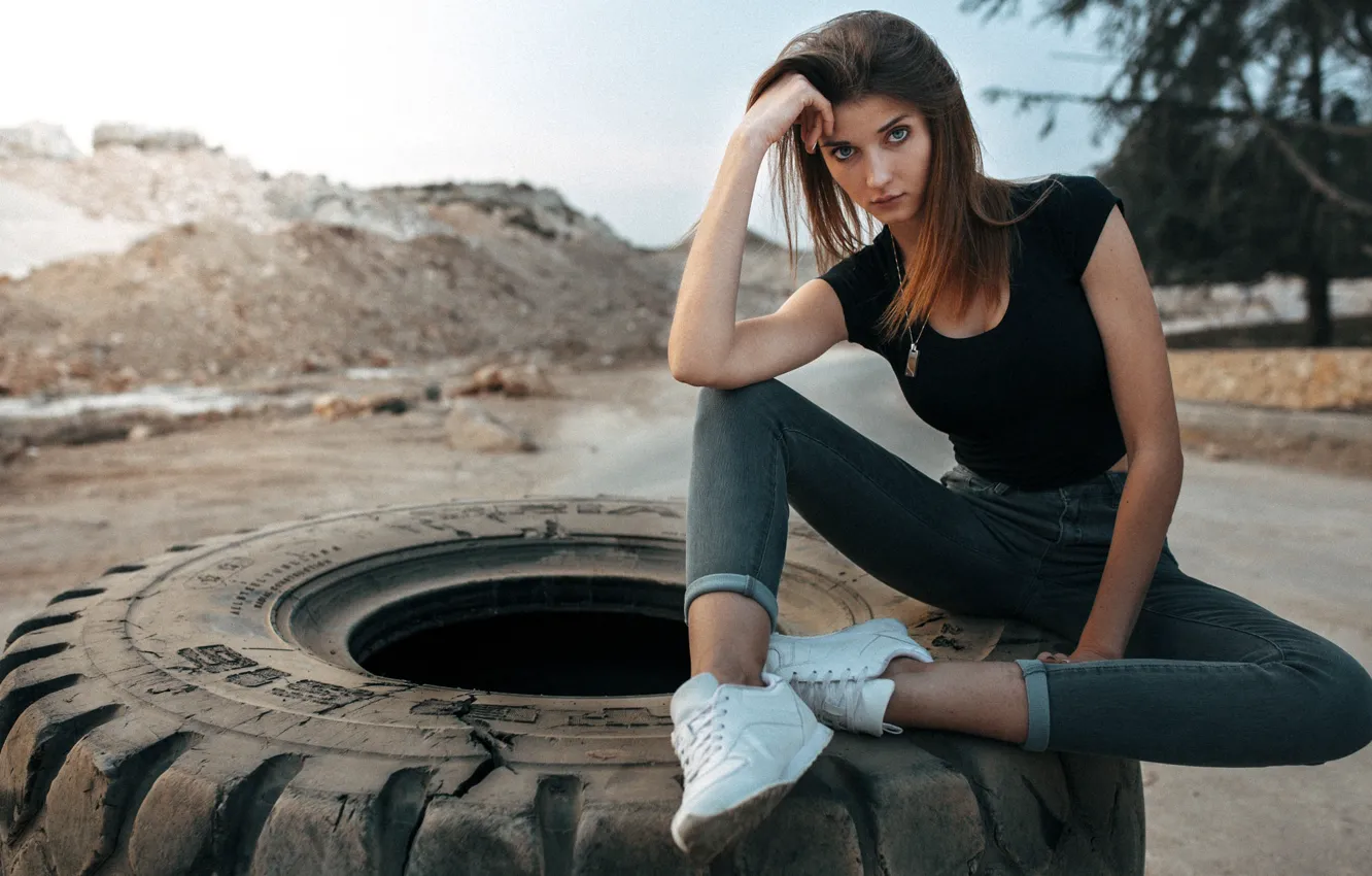 Photo wallpaper women, jeans, sitting, necklace, sneakers, tires