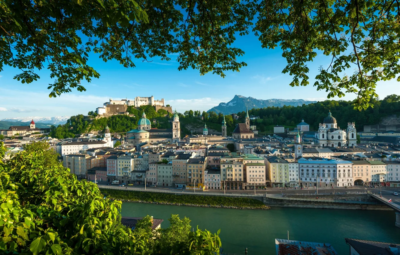 Photo wallpaper leaves, river, home, Austria, Salzburg