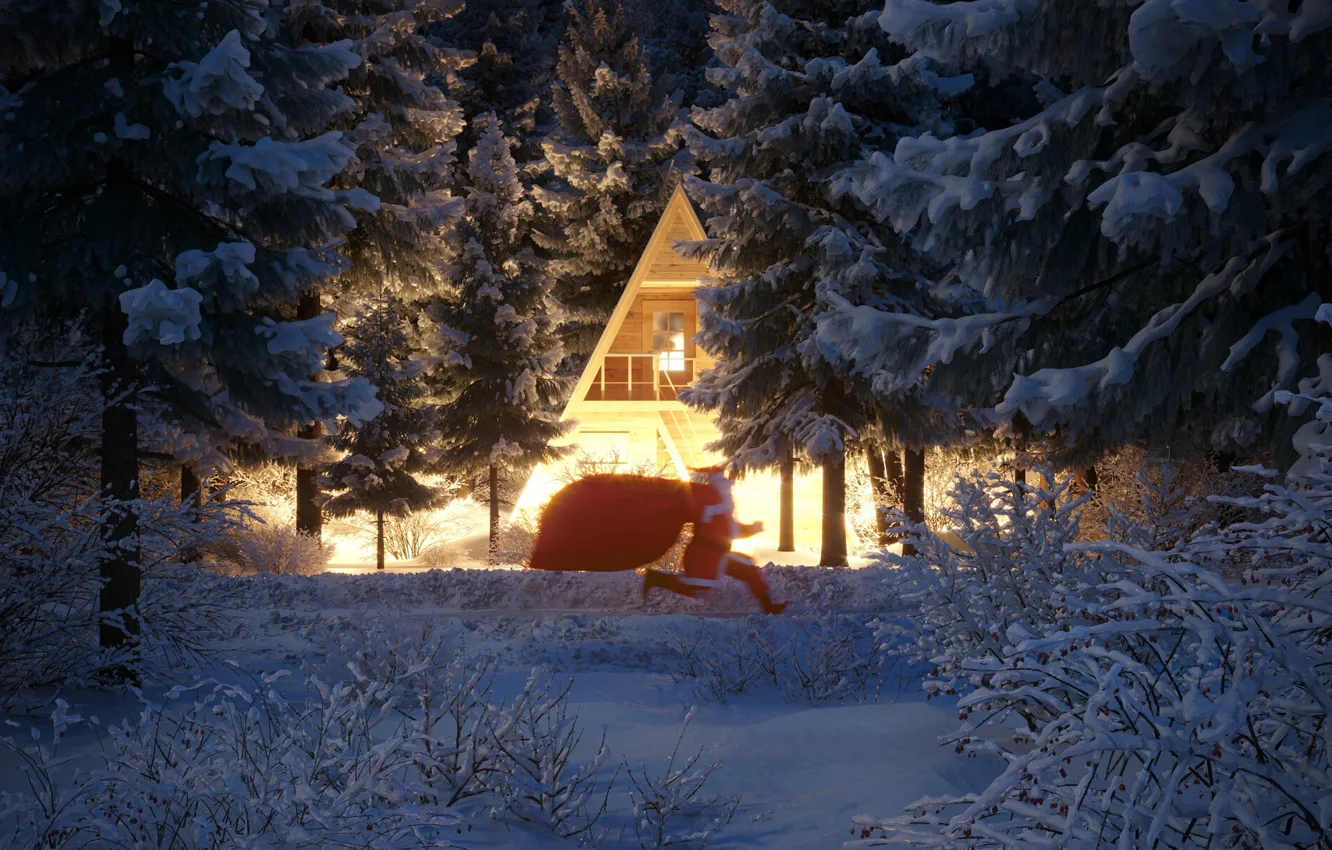 Photo wallpaper winter, snow, trees, house, Christmas, New year, Santa Claus, runs