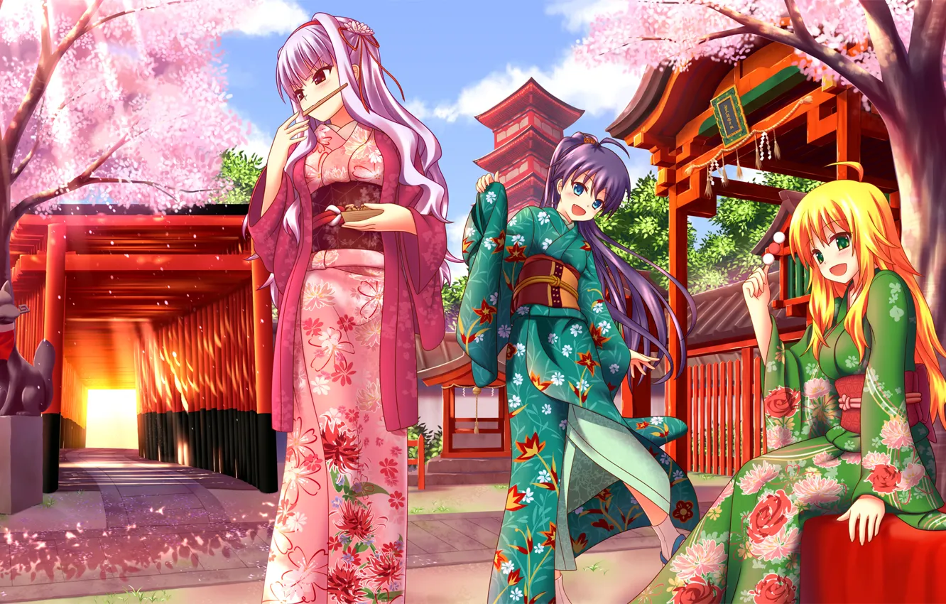 Photo wallpaper girls, food, Sakura, art, kimono, the gates, the sun's rays