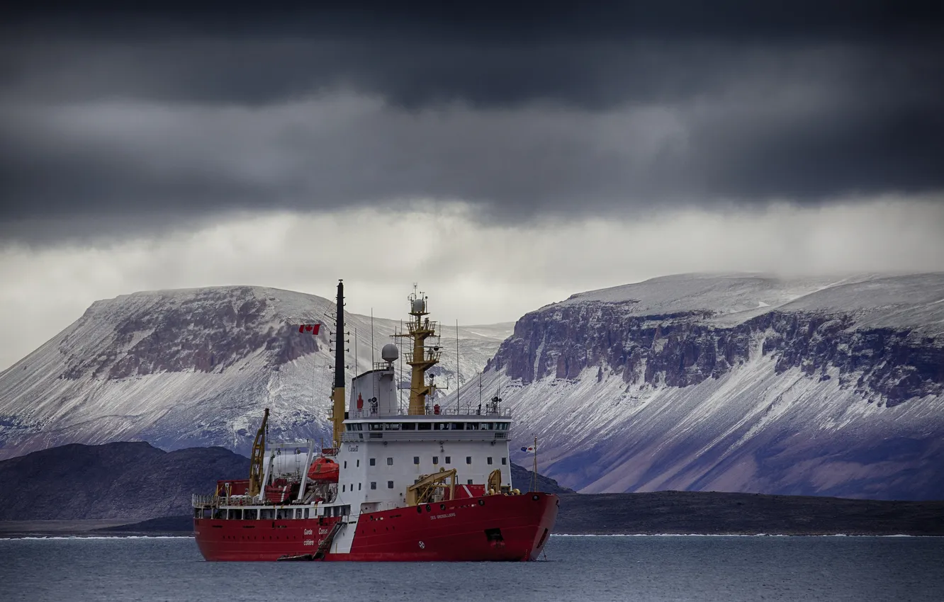 Photo wallpaper sea, the sky, mountains, ship, North