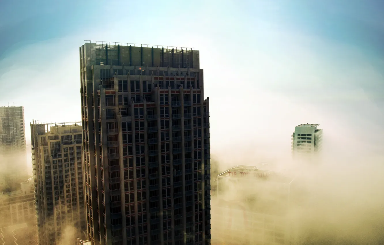 Photo wallpaper the sky, fog, skyscrapers, Mist VS
