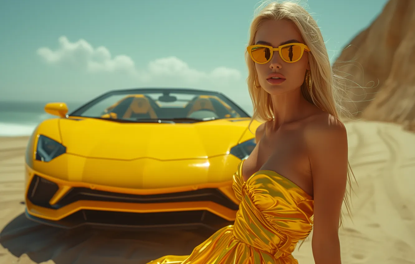 Photo wallpaper machine, look, girl, face, portrait, blonde, car, sunglasses