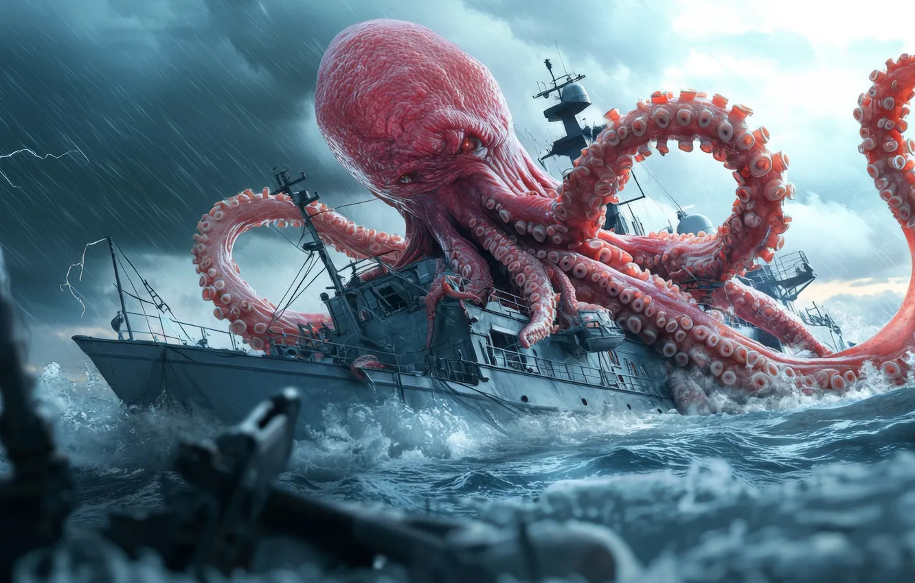 Photo wallpaper Sea, Wave, Ship, Rain, Clouds, Attack, Digital art, Sea monster