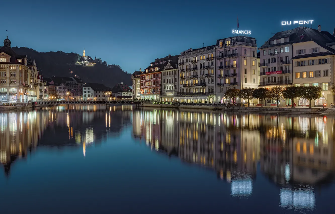 Photo wallpaper reflection, river, building, home, Switzerland, night city, Switzerland, Lucerne