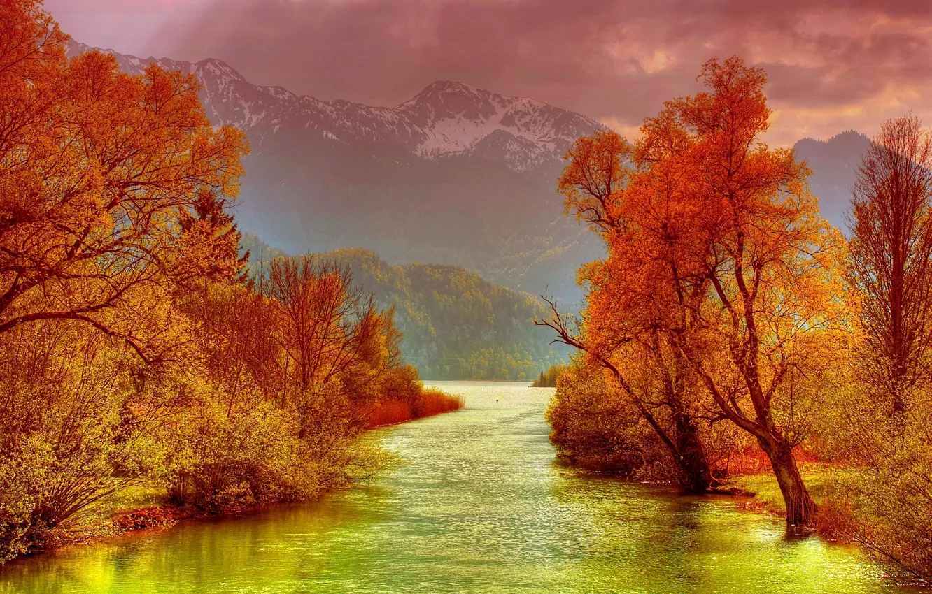Photo wallpaper autumn, the sky, trees, mountains, clouds, lake, river