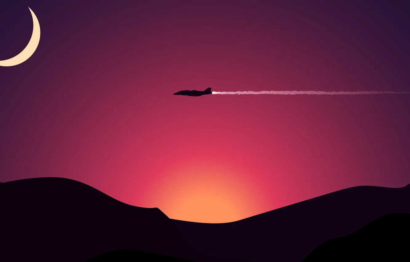 Photo wallpaper moon, aircraft, sunset, streamline, mountain, hills, sundown, plane