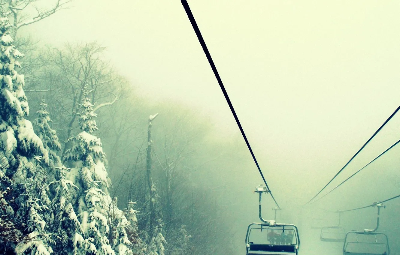 Photo wallpaper winter, forest, snow, ski, lift
