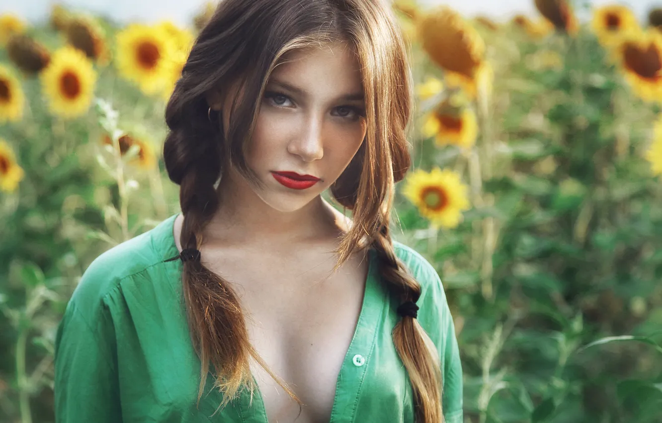 Photo wallpaper field, look, sunflowers, face, blouse, braid