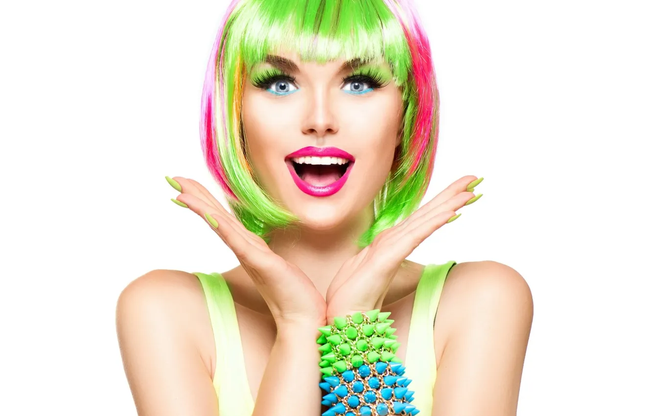 Photo wallpaper joy, smile, white background, delight, multi-colored hair