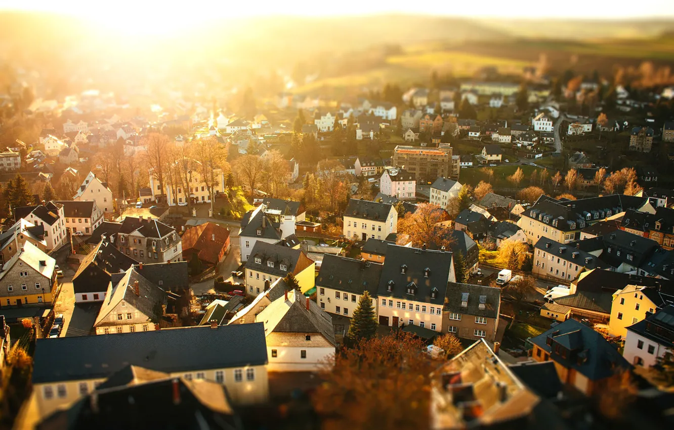 Photo wallpaper twilight, Germany, sunset, dusk, roofs, Snow mountain