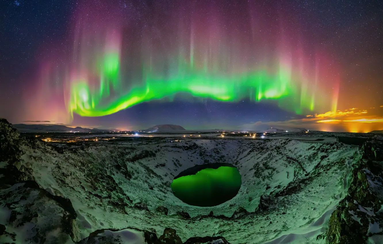 Photo wallpaper stars, light, night, lights, Northern lights, crater, Iceland, crater lake