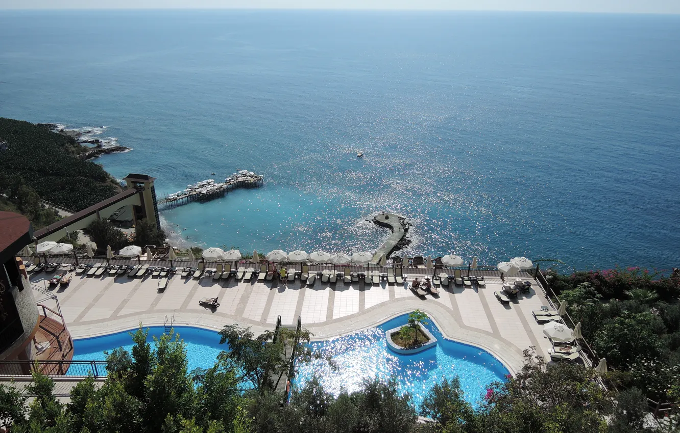 Photo wallpaper sea, the sun, nature, calm, height, pierce, the hotel, Turkey