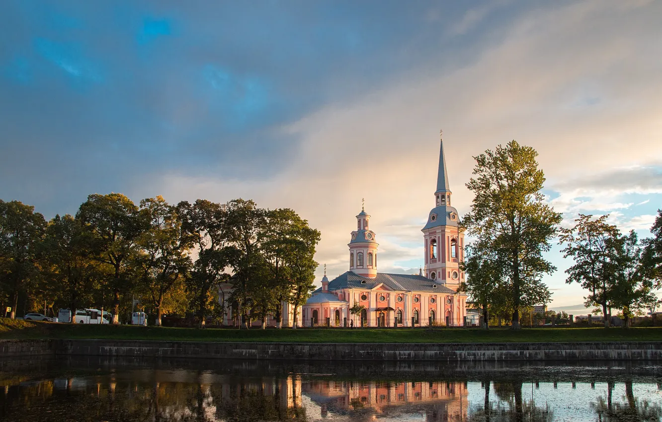 Photo wallpaper trees, river, Church, channel, temple, Russia, The Cathedral of the Annunciation, Leningrad oblast
