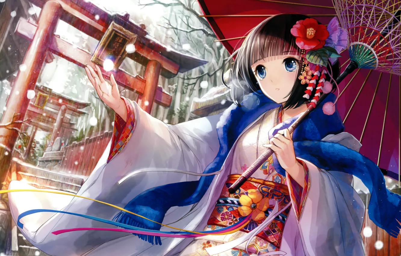 Photo wallpaper snow, umbrella, gate, scarf, girl, temple, kimono, blue eyes