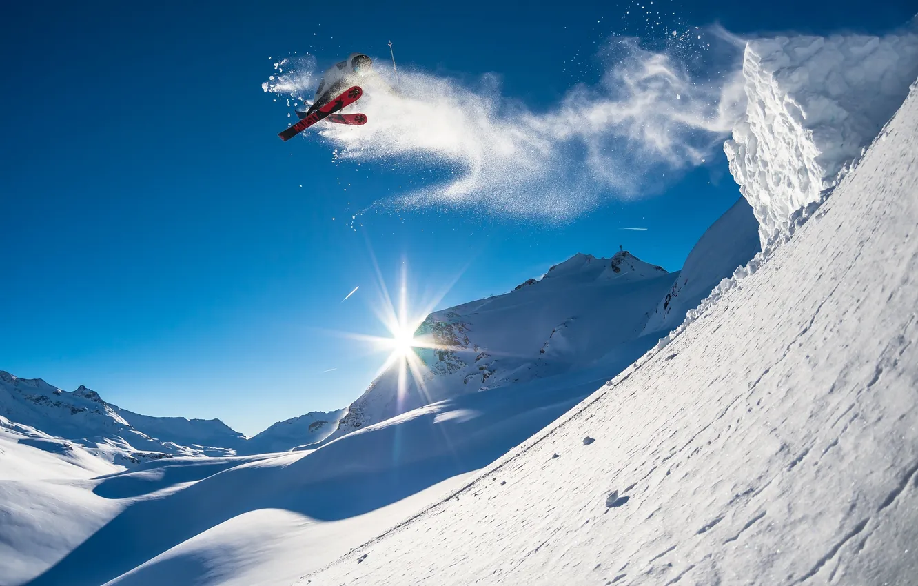 Photo wallpaper the sun, snow, jump, ski, extreme