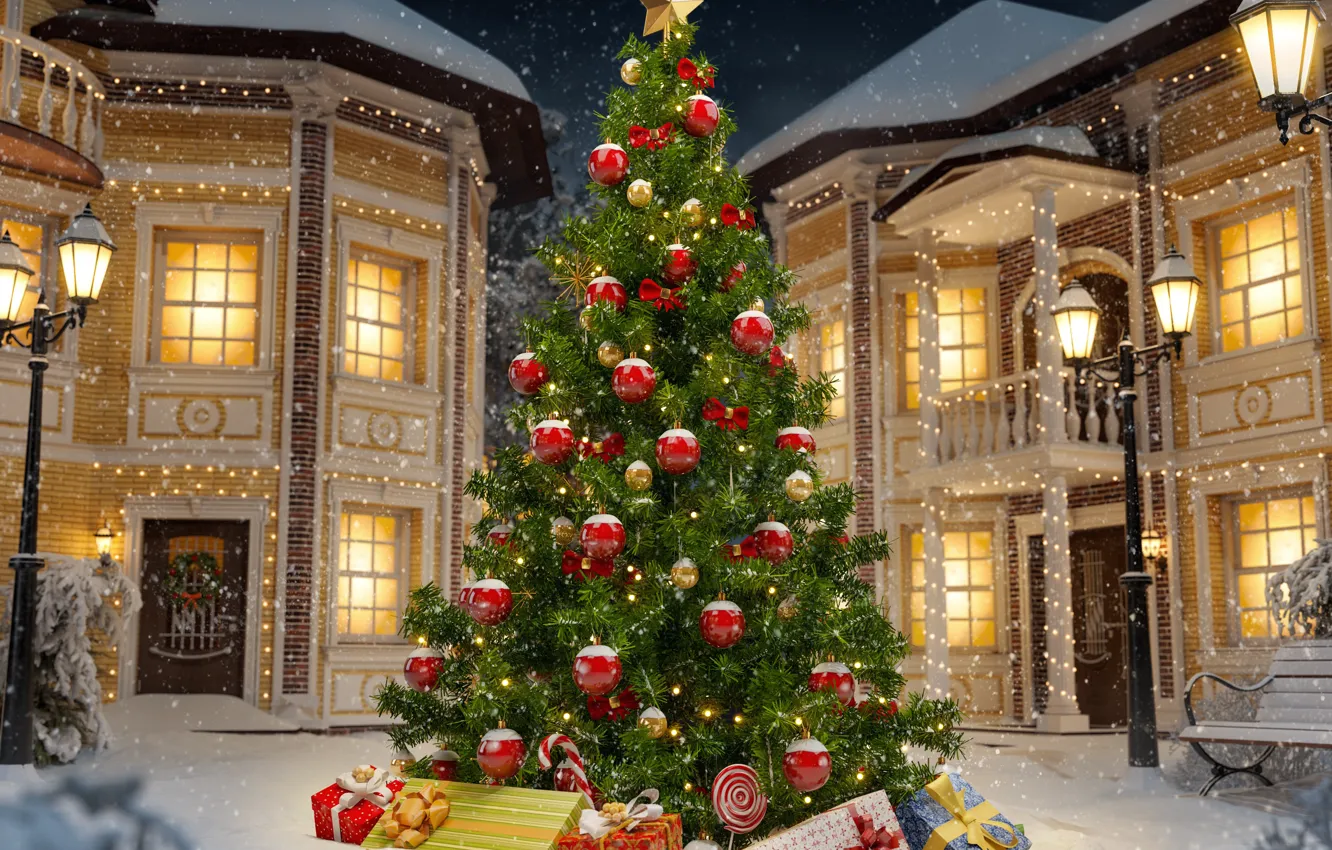 Photo wallpaper christmas, winter, snow, decoration, christmas tree
